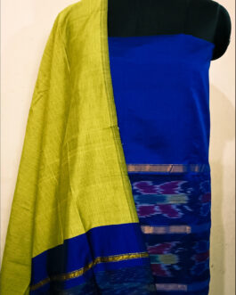 Royal blue with Parrot green Ikat Handloom silk cotton suit material.