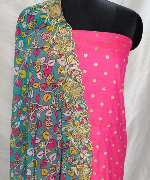 Silk polka dot top with designer heavy Embroidered georgette cutwork Dupatta.