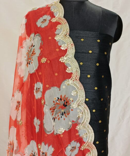 Silk polka dot top with designer heavy Embroidered Organza Dupatta.
