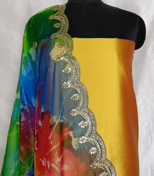 Plain silk top with designer heavy Embroidered Organza Dupatta.