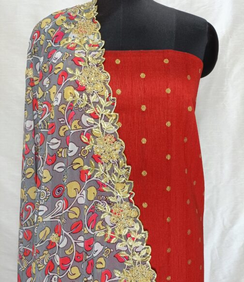 Silk polka dot top with designer heavy Embroidered georgette cutwork Dupatta.