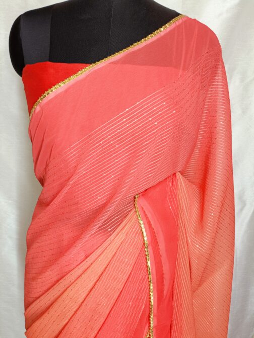Red Dual shaded Ombre Pattern Digital Print Premium Sequins Georgette Saree.