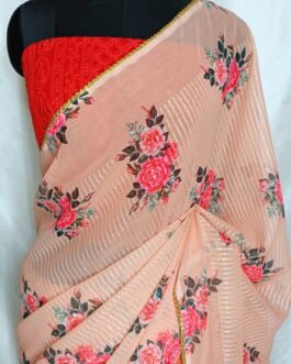 Peach with floral Digital  printed premium quality sequins Georgette saree with Chikankari Georgette heavy embroidered red blouse.