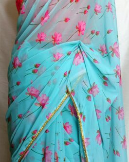 Sky blue Georgette  with Lotus floral digital print all over saree  with lace attached paired up with pink silk zari embroidery blouse.